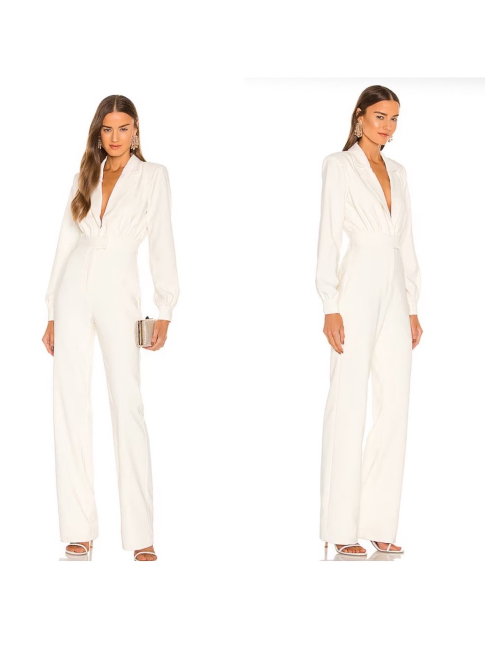 Michael Costello White Plunge V-Neck Long Sleeve Jumpsuit